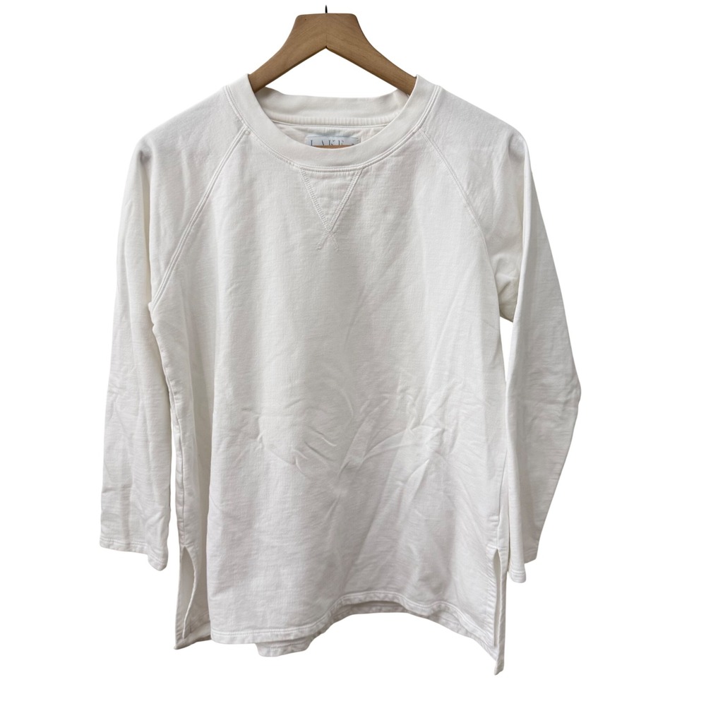 LAKE Sweatshirt Medium White Cotton Raglan Sleeve Side Slit Crew Neck Lounge Top